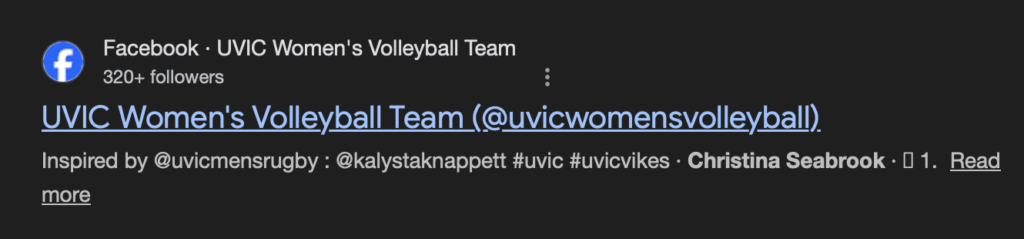 Screenshot of google search of my name + UVIC with results of the Facebook posts that I have liked from the UVIC Women's Volleyball team